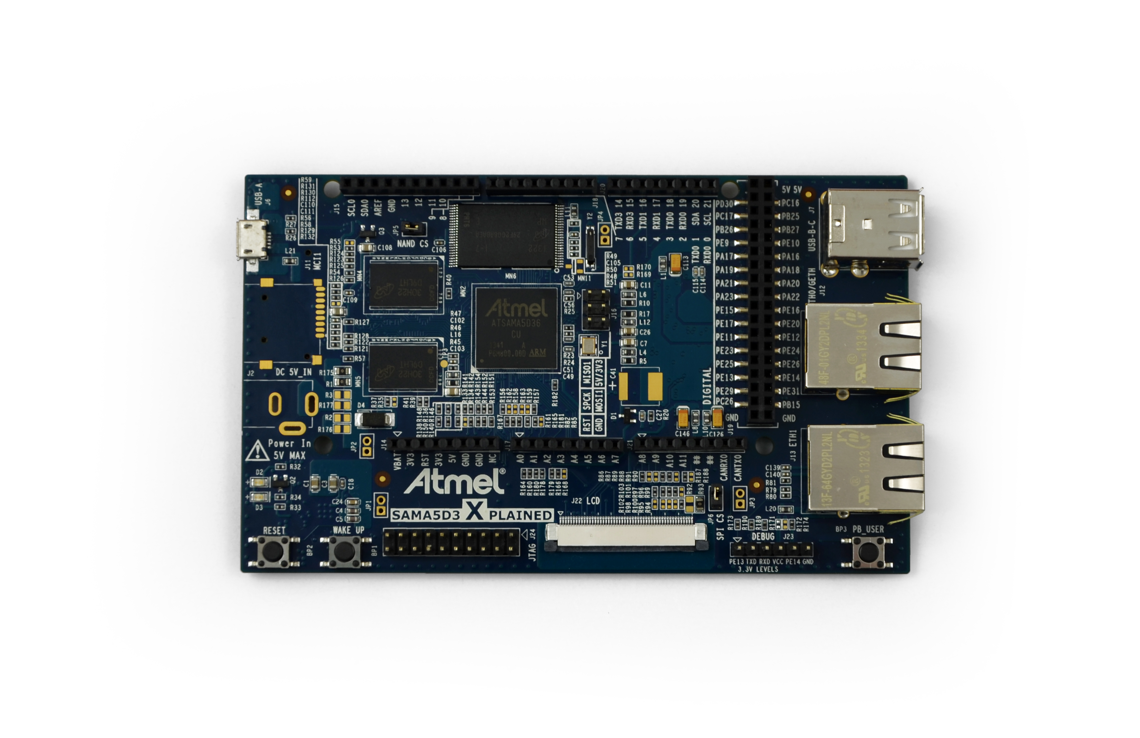 Atmel Xplained - Fast prototyping and evaluation platform based on the SAMA5D3 ARM Cortex-A5. Powerful Atmel’s SAMA5D36 Cortex-A5 MPU, 2GBit DDR2 RAM, 2Gbit Flash, Dual Ethernet (GMAC + EMAC), Arduino R3-compatible header and LCD connector.